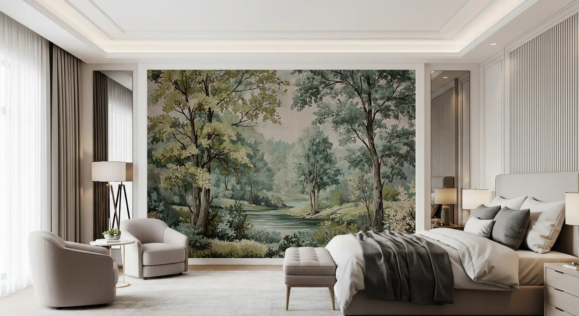 Vintage woodland mural with blue-green river tones and aged scenic texture