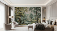 Vintage woodland mural with blue-green river tones and aged scenic texture