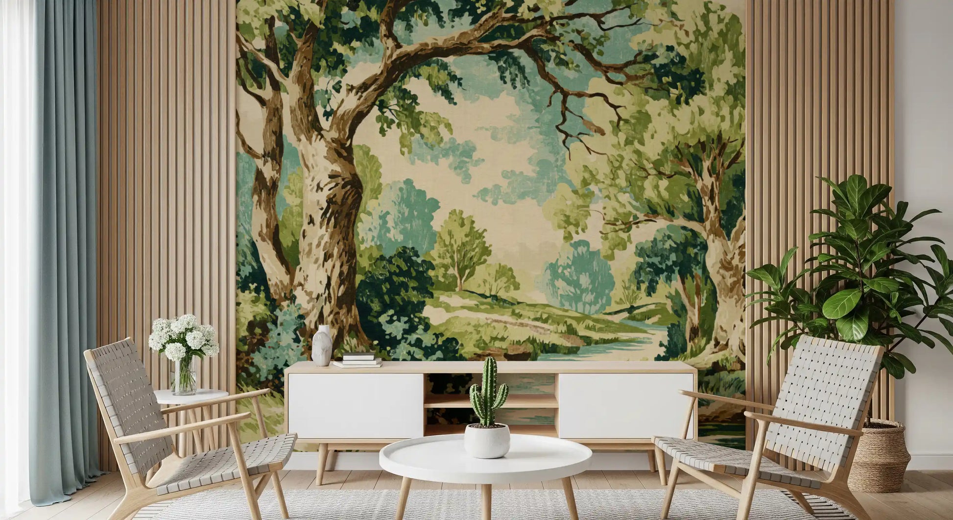 Forest water mural with shaded plants, river curves, and scenic artwork