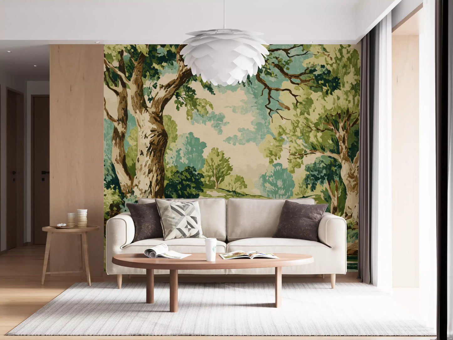 Office room using nature stream mural with branches, shrubs, and open sky