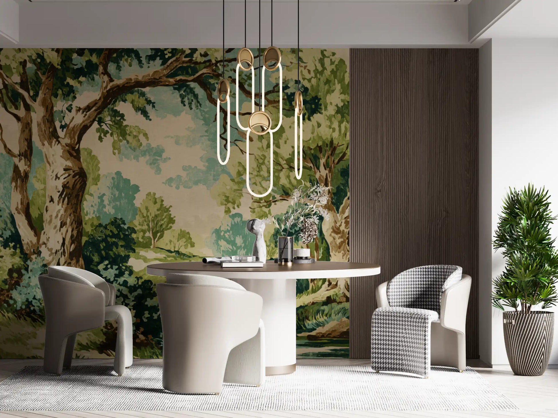Dining room with Tranquil Forest Stream Wall Mural and riverbank detail