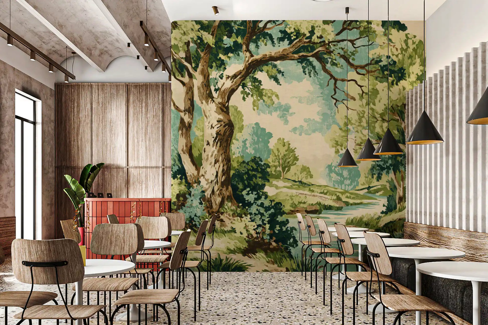 Cafe wall showing forest stream mural with trees and soft blue water