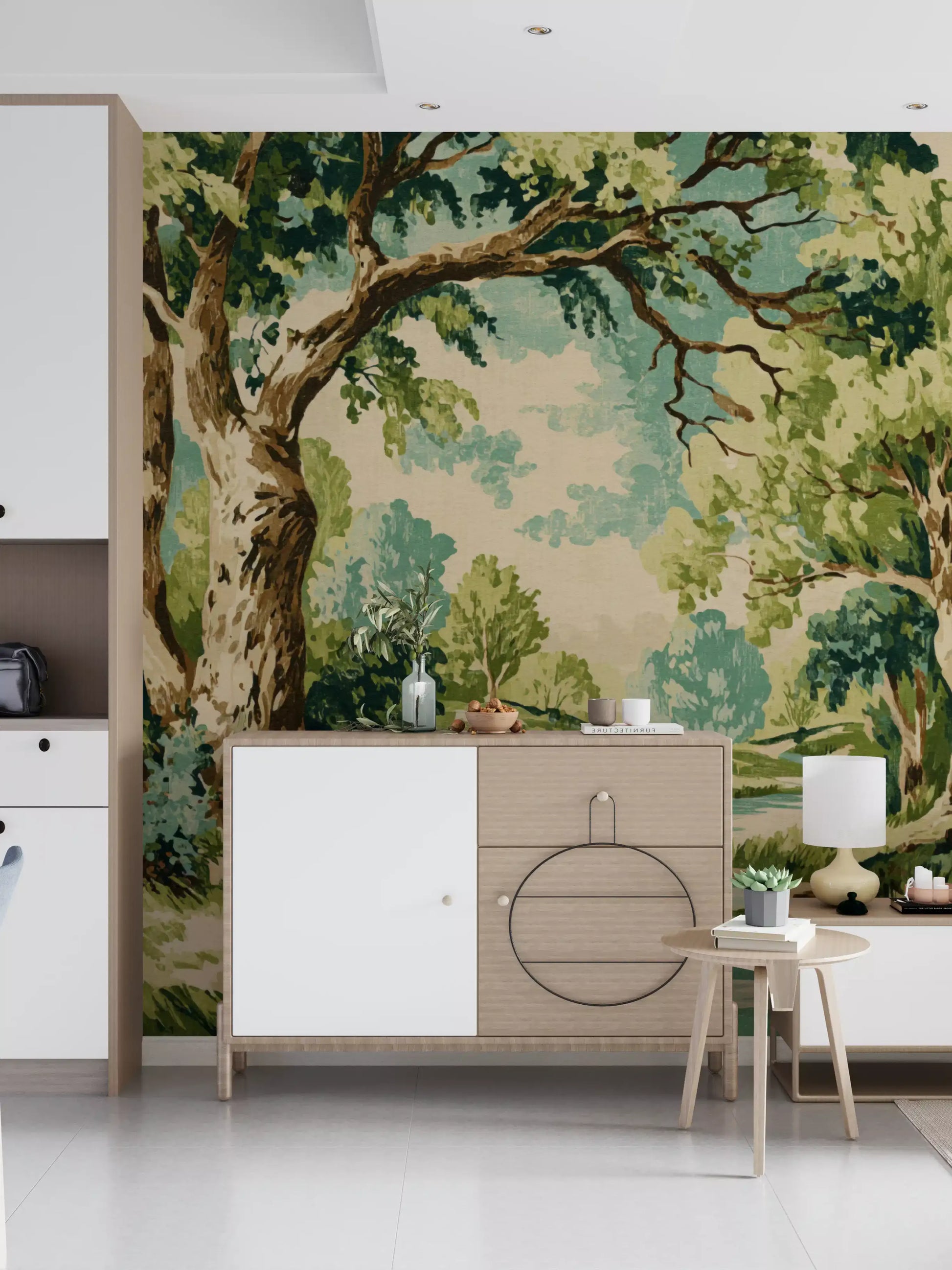 Painted forest mural showing a winding stream and bright leafy canopy