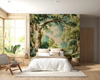 Stream wall mural featuring tall trees, teal water, and natural depth