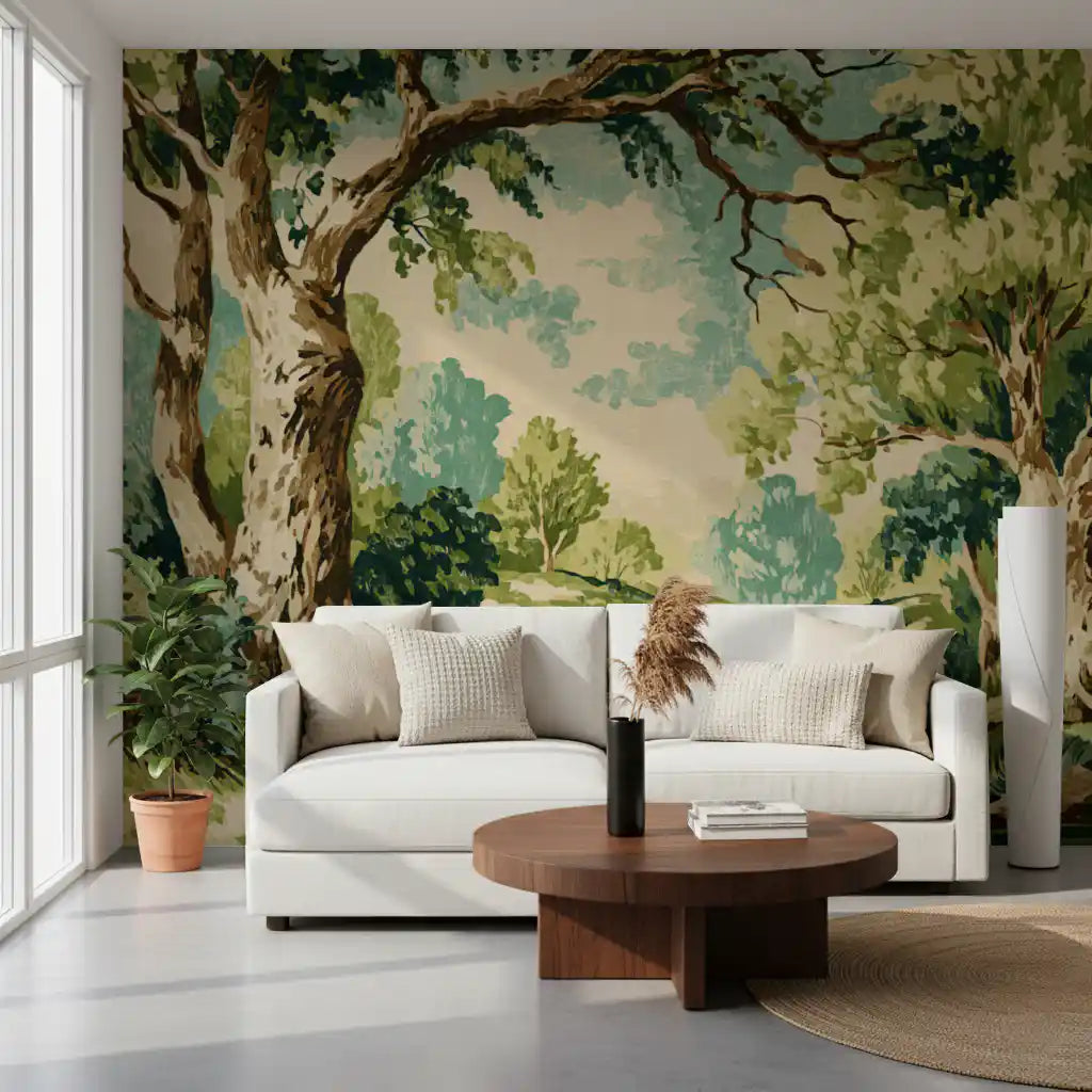 Office area wall mural with Tranquil Forest Stream and leafy river scenery
