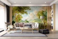 Forest landscape mural with shaded trees, open sky, and rolling fields