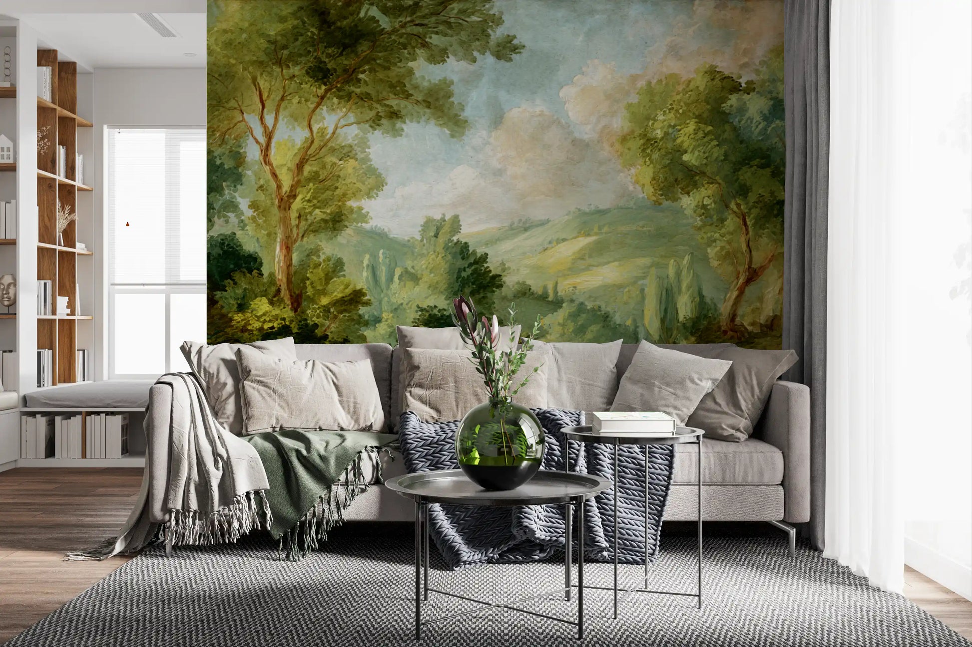 Green Landscape Dream Wall Mural with tall trees and painterly hill scenery