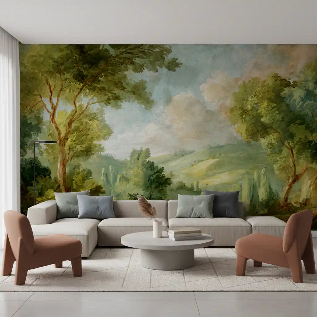 Living room using scenic wall mural with leafy hills and pale blue sky