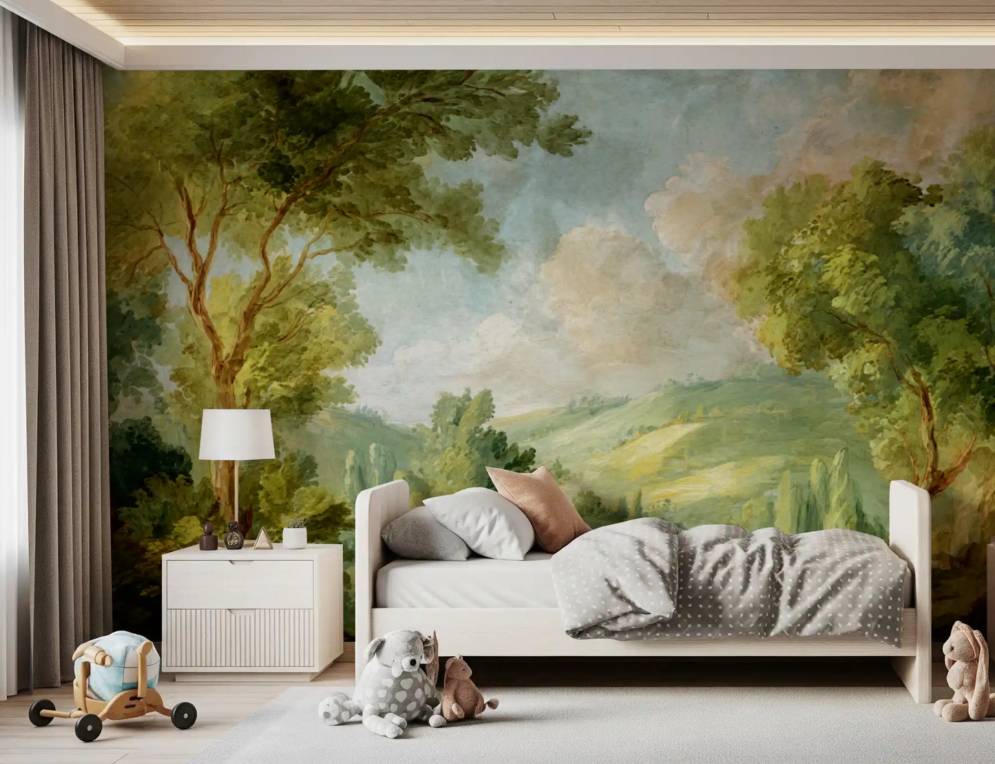 Bedroom with Green Landscape Dream Wall Mural and classic forest view