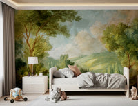 Bedroom with Green Landscape Dream Wall Mural and classic forest view