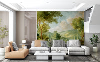 Countryside wall mural showing woodland edges and soft green distance