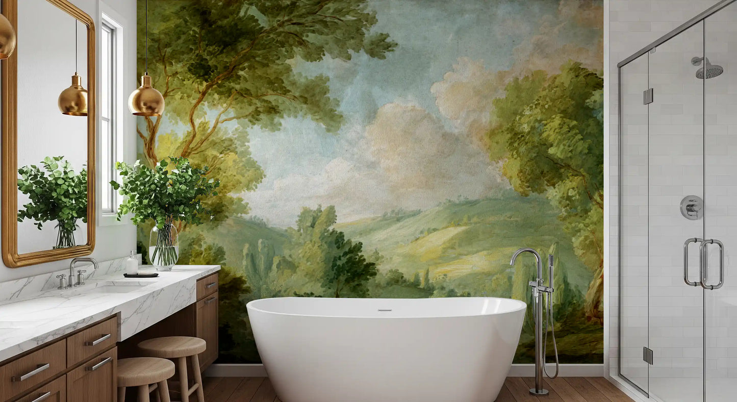 Green scenic mural with layered foliage, clouds, and soft rural detail