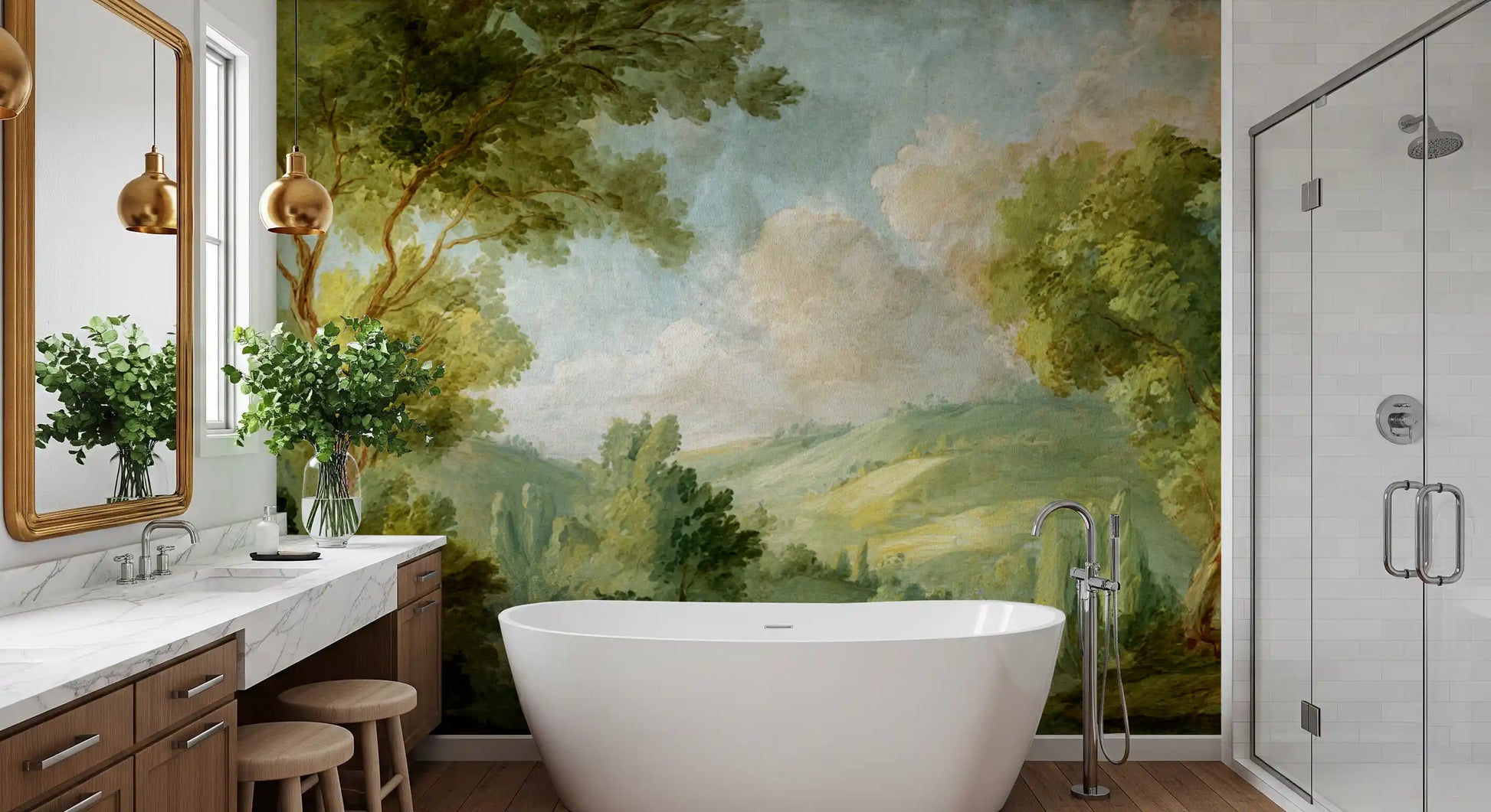 Green scenic mural with layered foliage, clouds, and soft rural detail