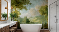 Green scenic mural with layered foliage, clouds, and soft rural detail