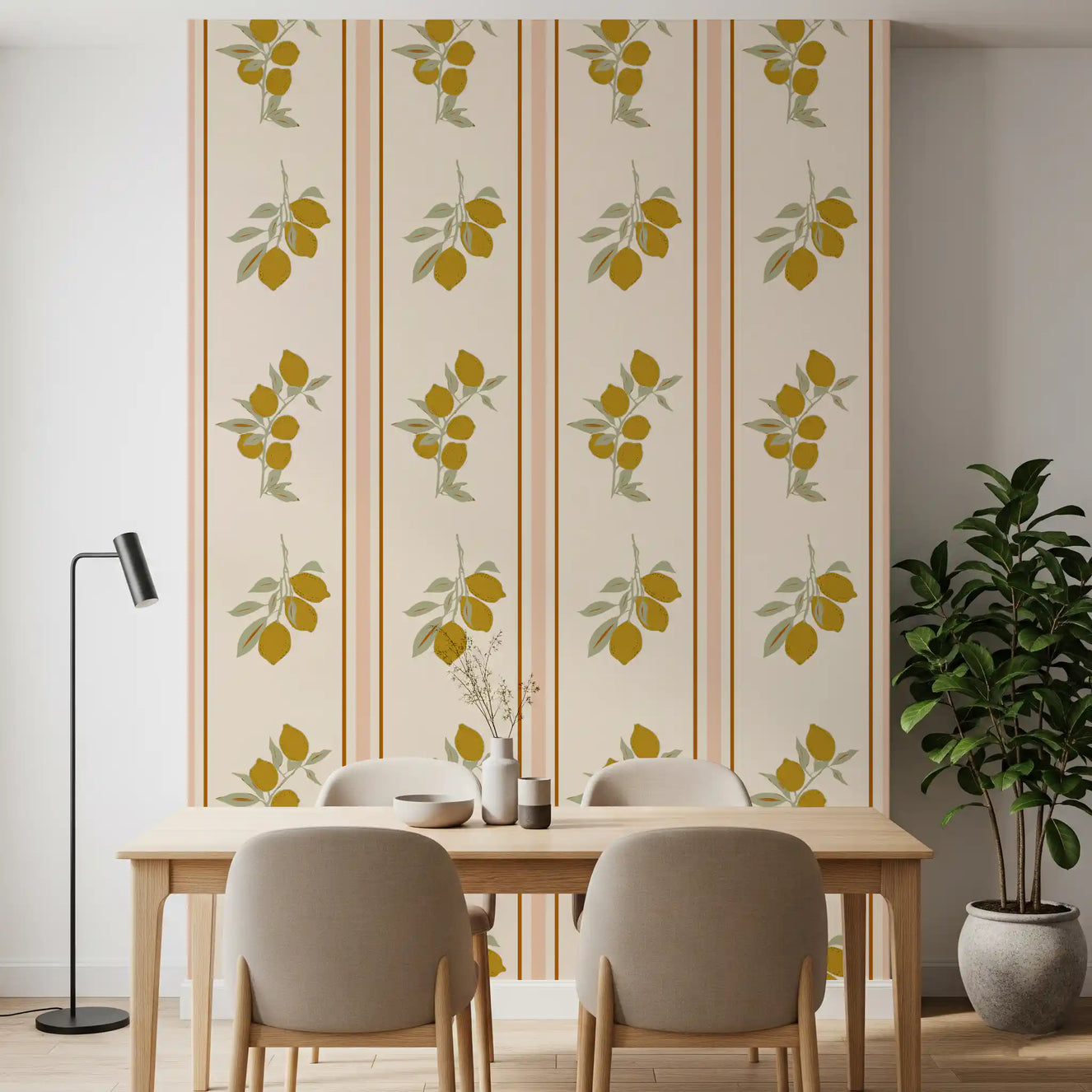 Dining room with Olive Lemon Branch Wallpaper and golden fruit panel artwork