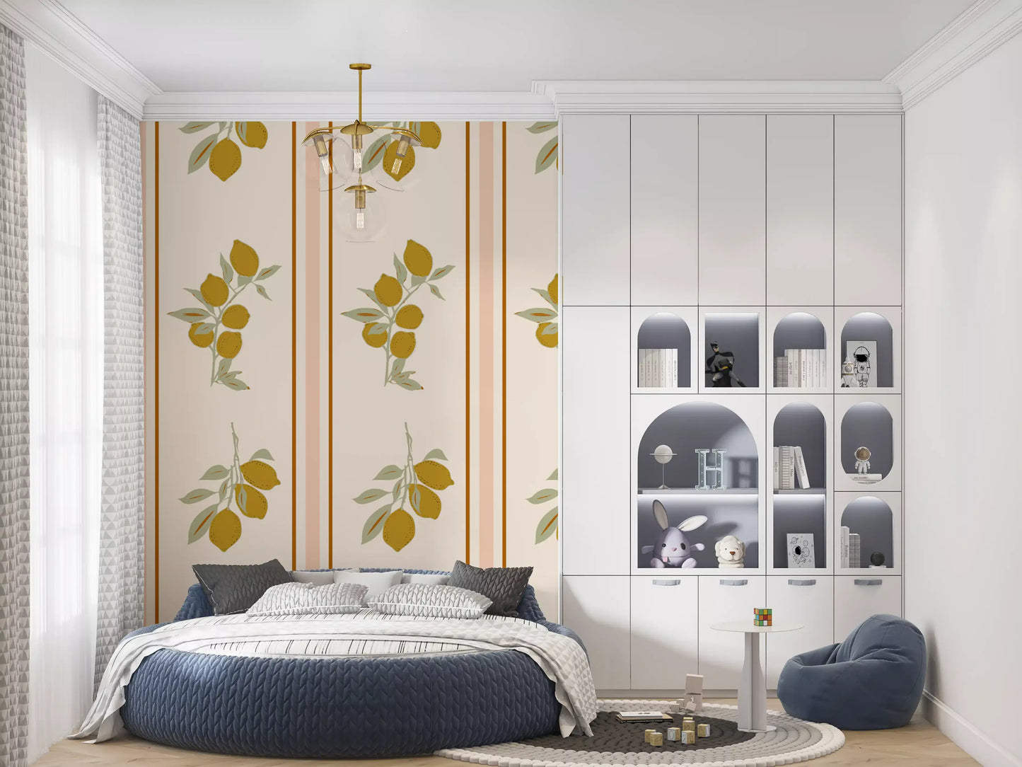 Framed lemon wallpaper with elegant stem artwork and clean vertical balance