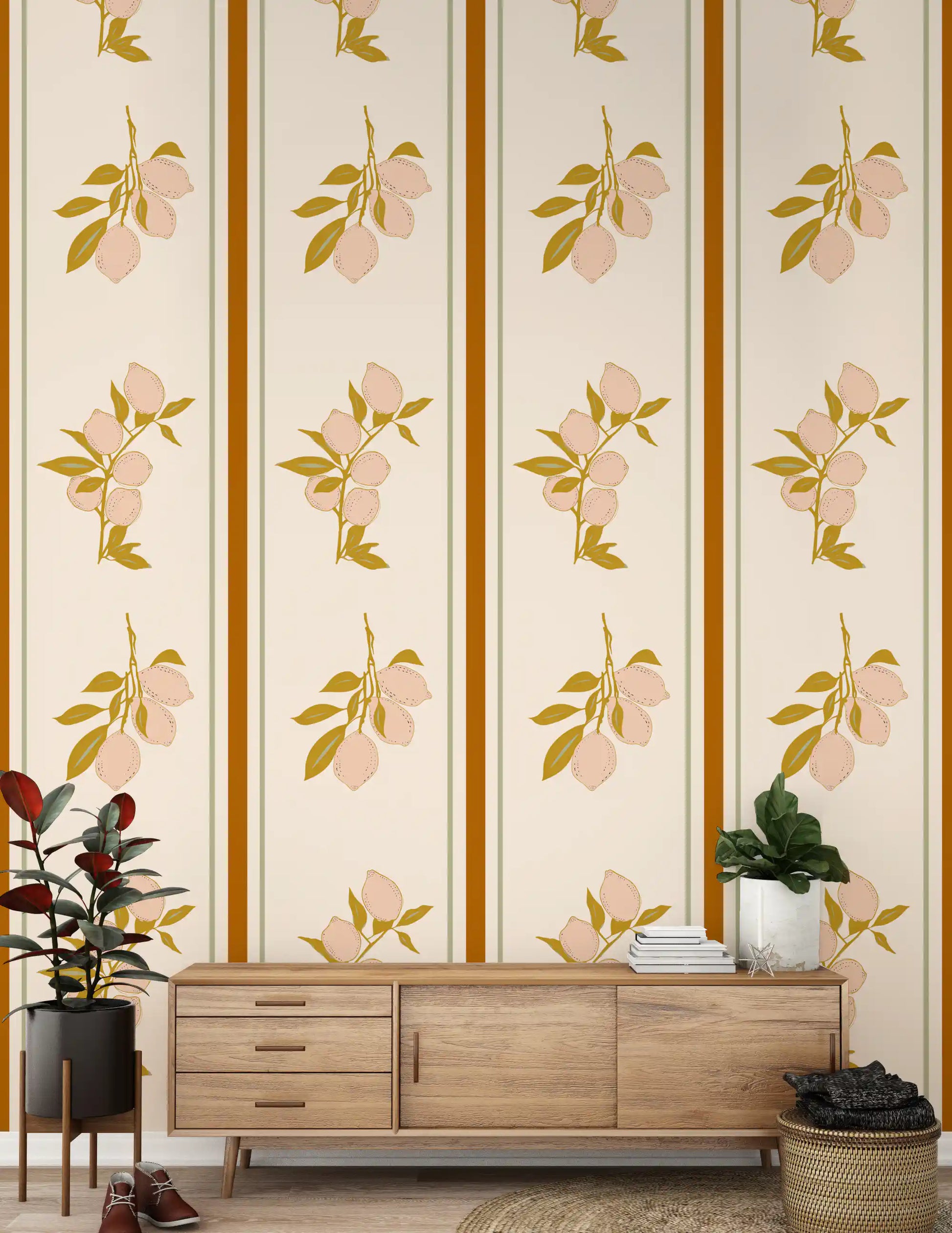 Pink lemon wallpaper with a clean panel design and soft orchard detail