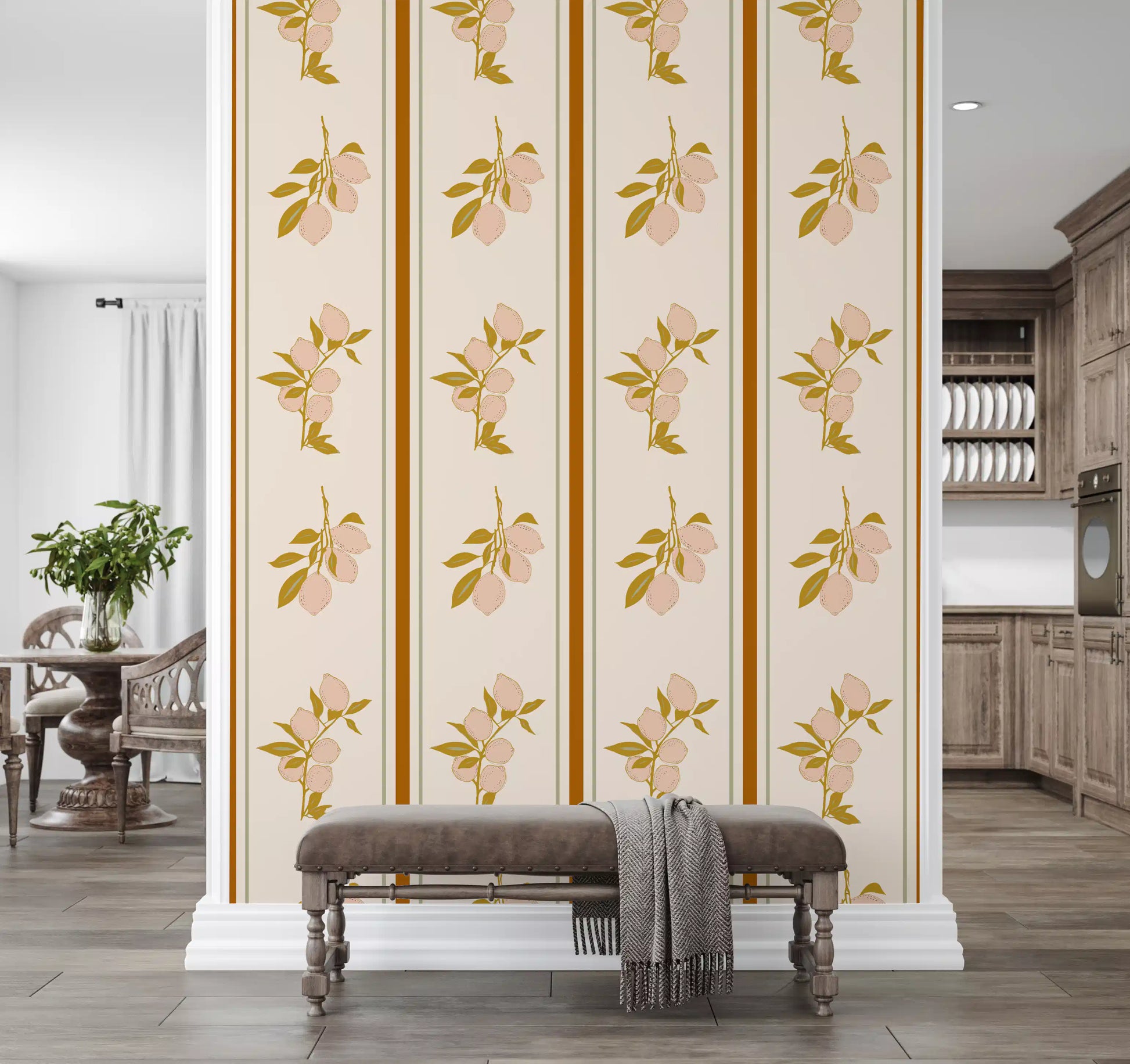 Home using Pink Lemon Branch wallpaper with olive leaf accents