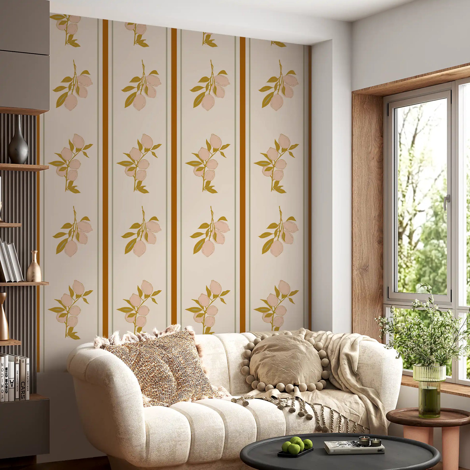 Lemon motif wallpaper with refined border lines and airy spacing