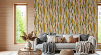 Living room with Mustard Olive Botanical Wallpaper and soft plant shapes