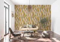 Living room styled with boho botanical wallpaper and pale blush panels