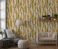 Kids room wall showing mustard green wallpaper with tall natural forms