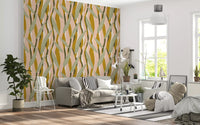 Mustard Olive Leaf Stripe Wallpaper with cream gaps and muted greenery