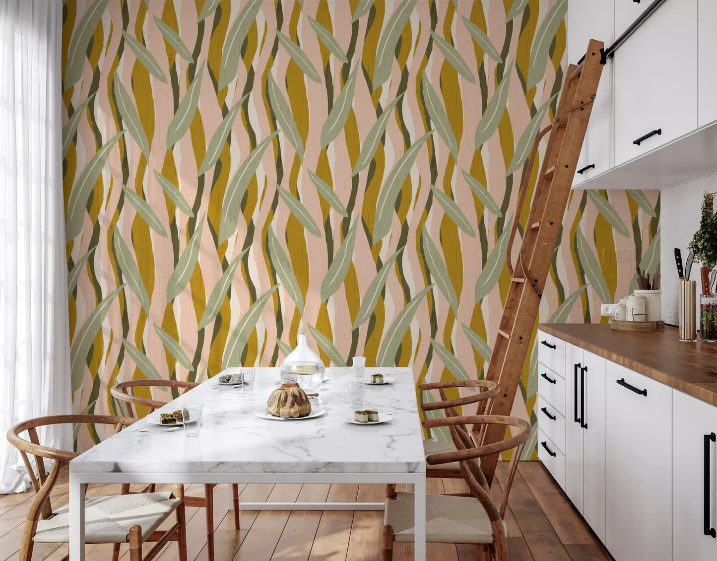 Botanical wallpaper showing golden strokes, olive plants, and soft texture