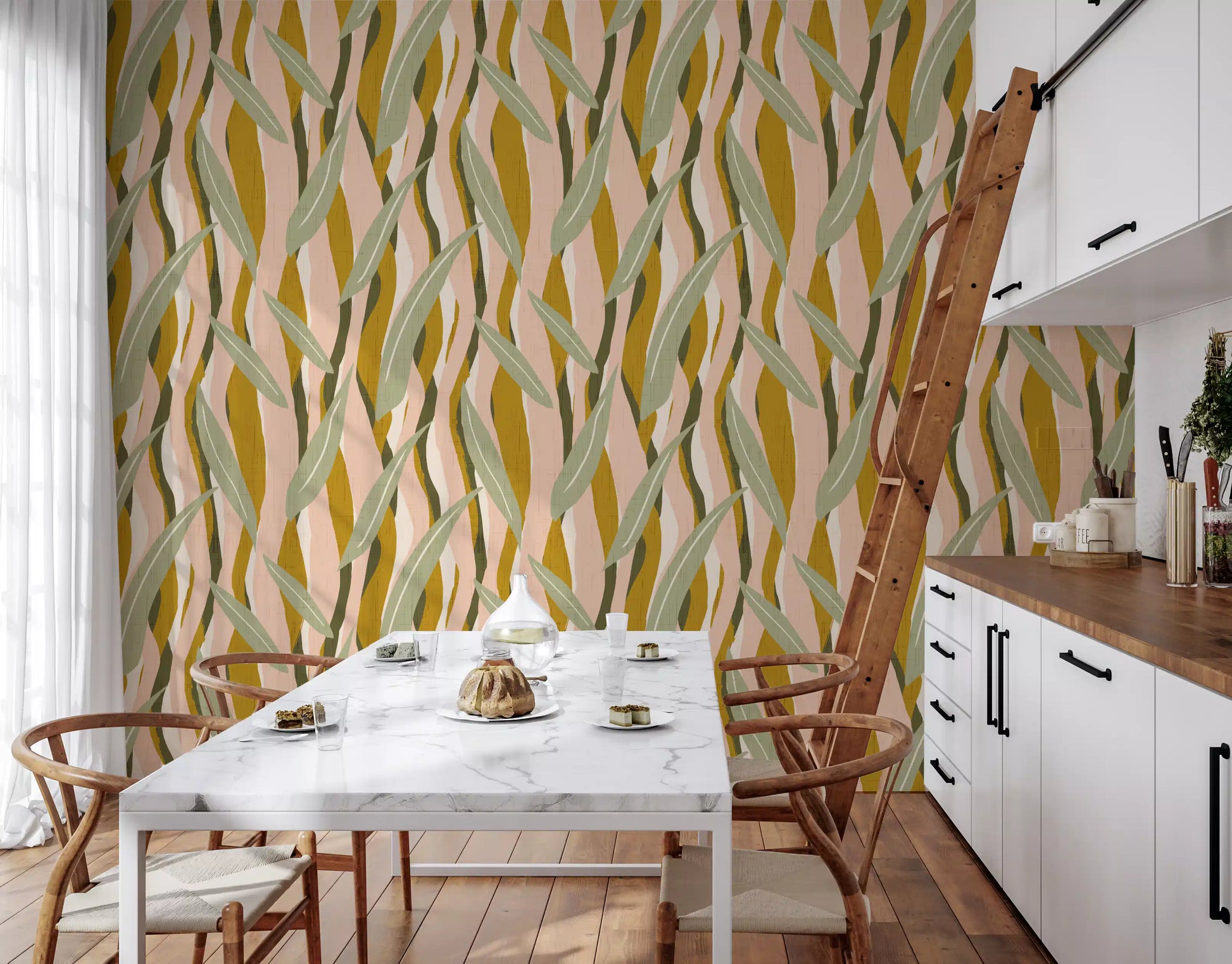 Botanical wallpaper showing golden strokes, olive plants, and soft texture