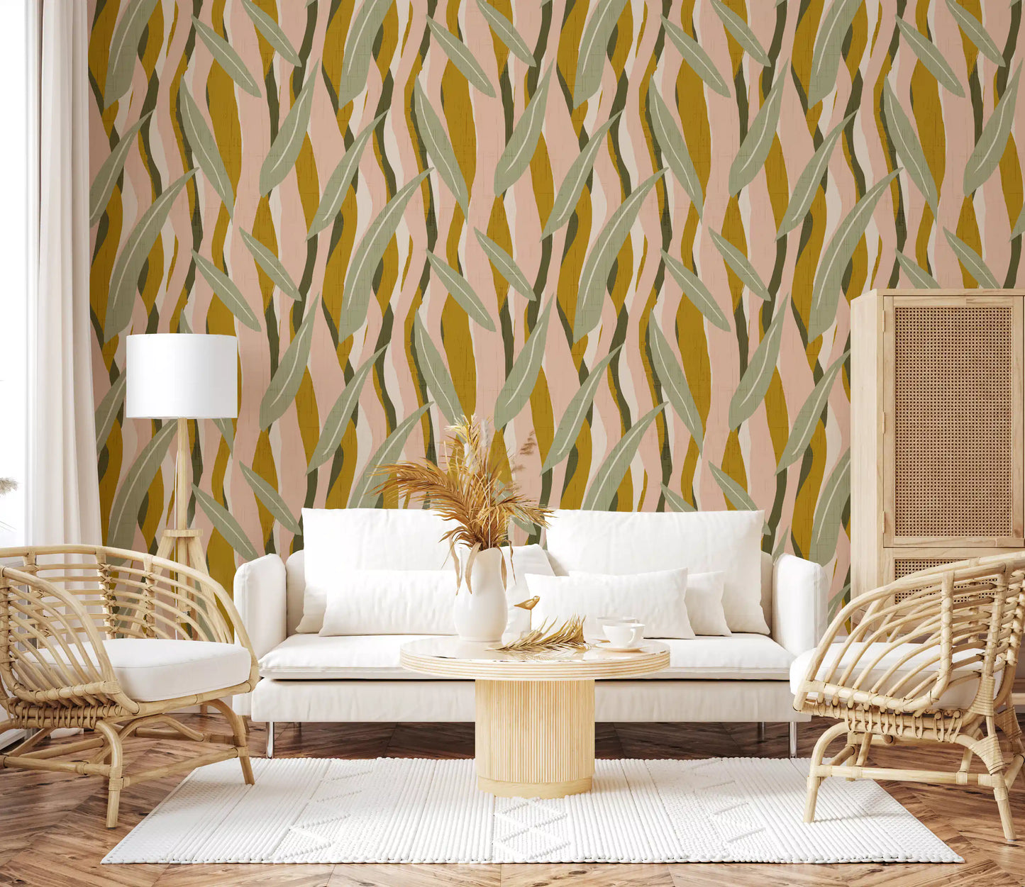 Boho organic wallpaper with warm mustard tones and light cream spacing