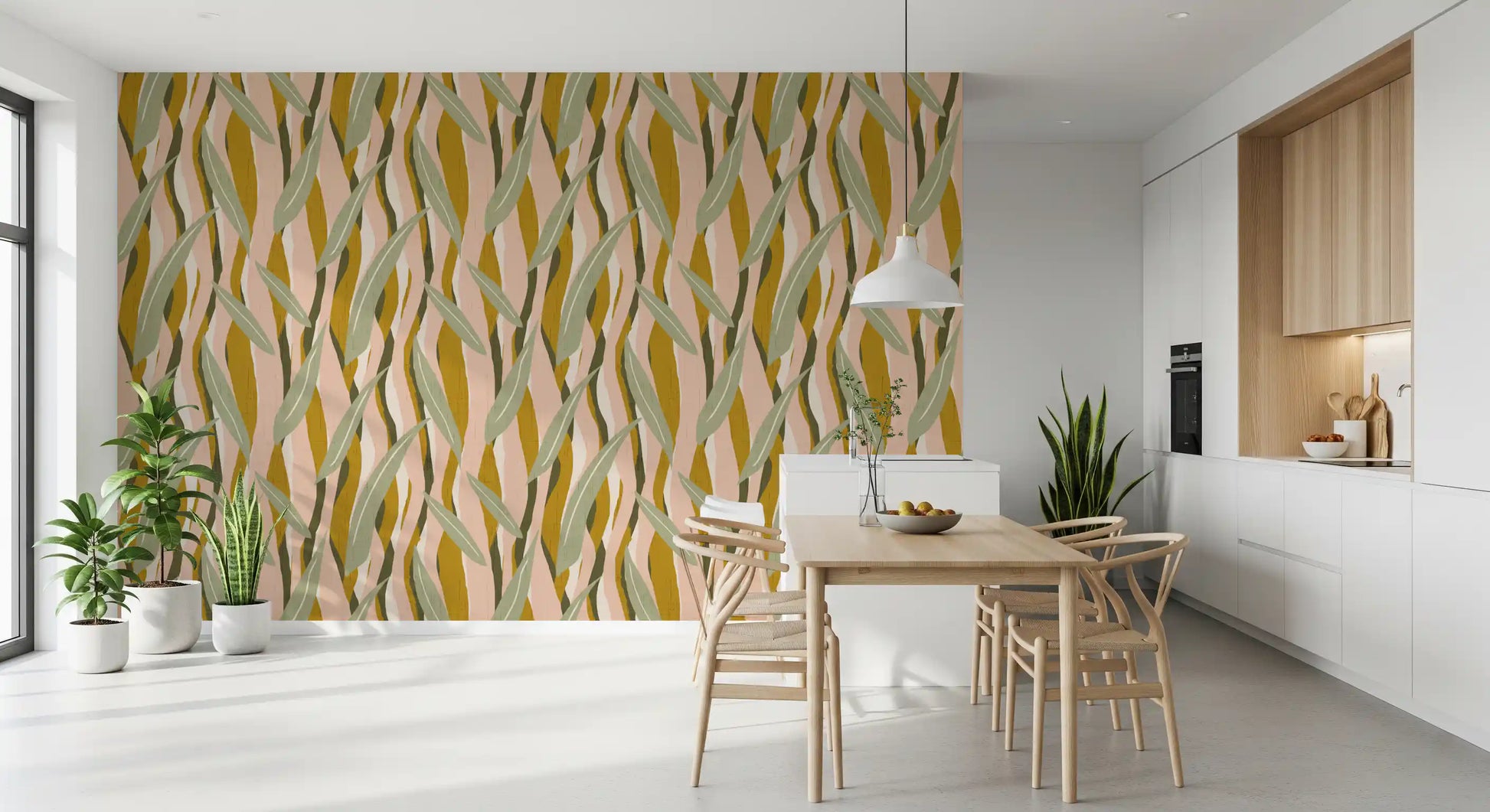 Dining area using organic wallpaper with olive foliage and golden sections