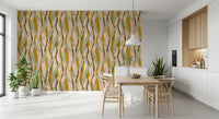 Dining area using organic wallpaper with olive foliage and golden sections