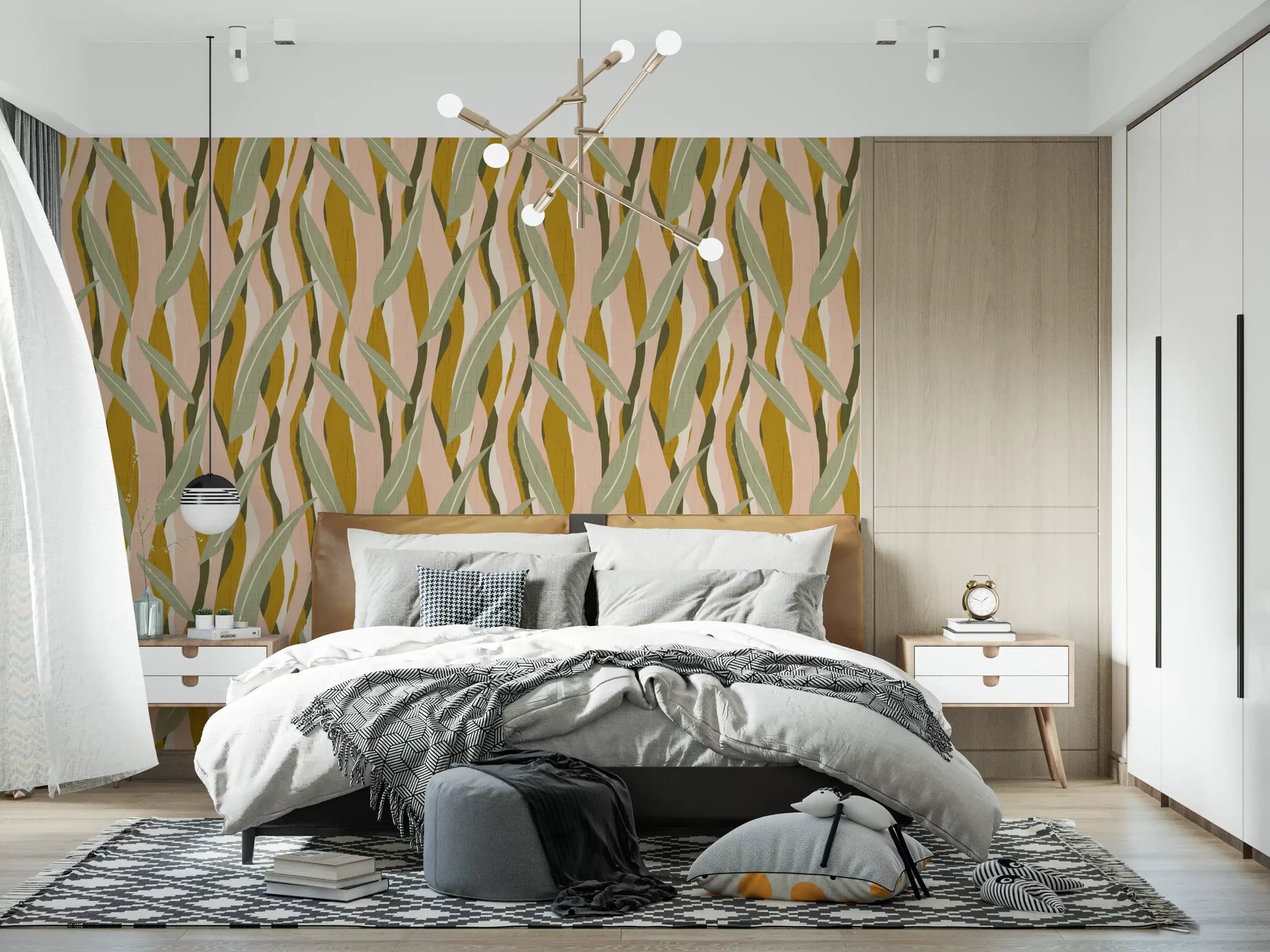 Mustard plant wallpaper with elongated shapes and calm earthy contrast