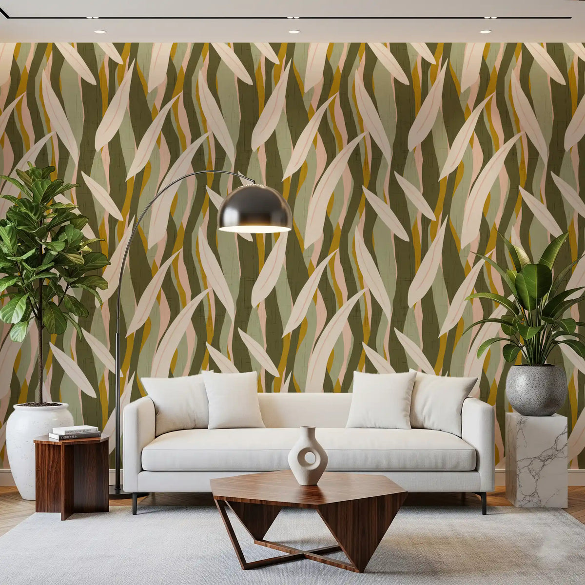 Olive Mustard Leaf Stripe Wallpaper Boho Organic Wallpaper⁠