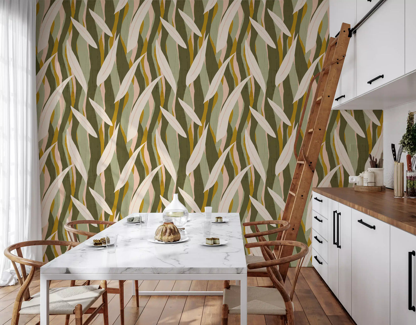 Olive Mustard Leaf Stripe Wallpaper Boho Organic Wallpaper⁠