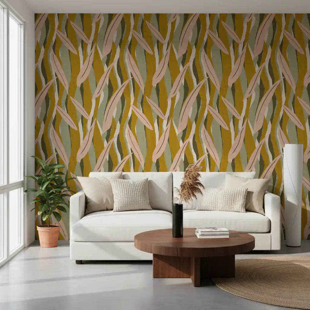 Office styled in boho organic wallpaper with flowing leafy sections