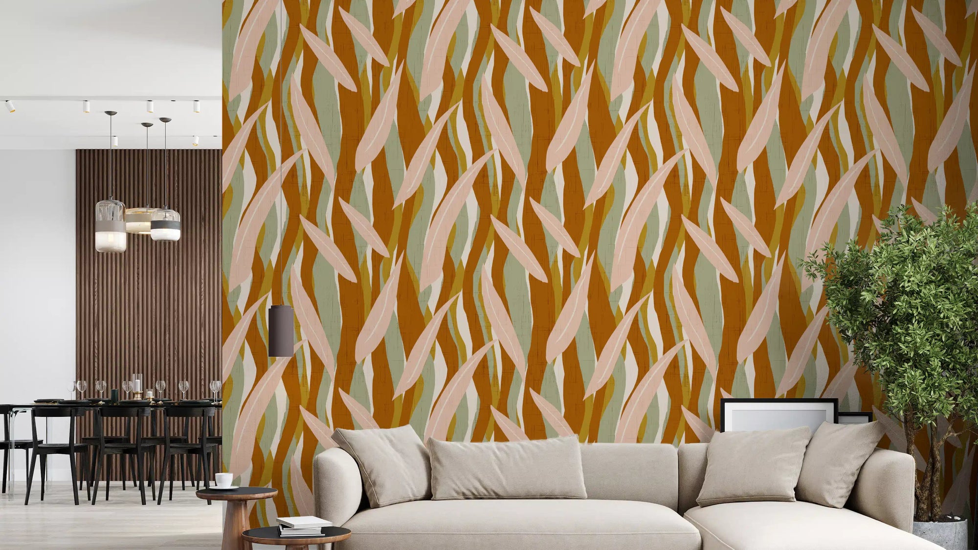 Living room with Terracotta Olive Leaf Wallpaper and flowing organic stripes