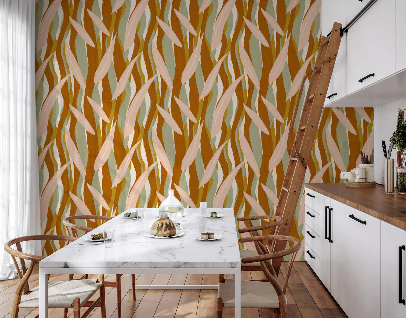 Terracotta Olive Leaf Stripe Wallpaper Boho Organic Wallpaper⁠