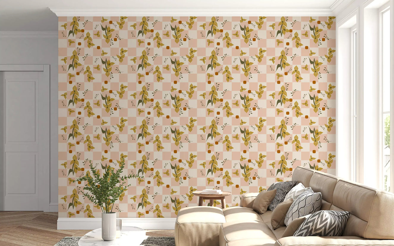 Pink Checker Floral Wallpaper Retro Boho Wallpaper⁠