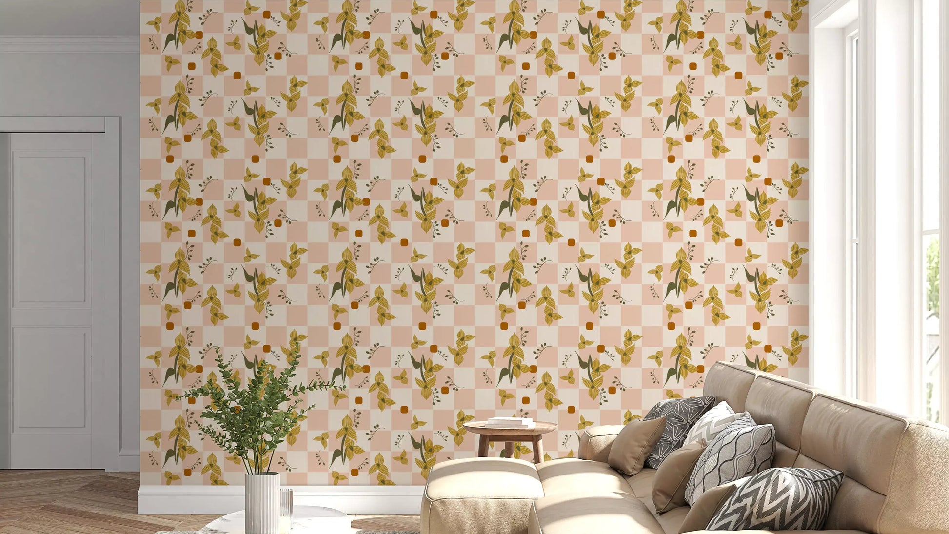 Living room with Pink Checker Floral Wallpaper and retro boho blossom blocks