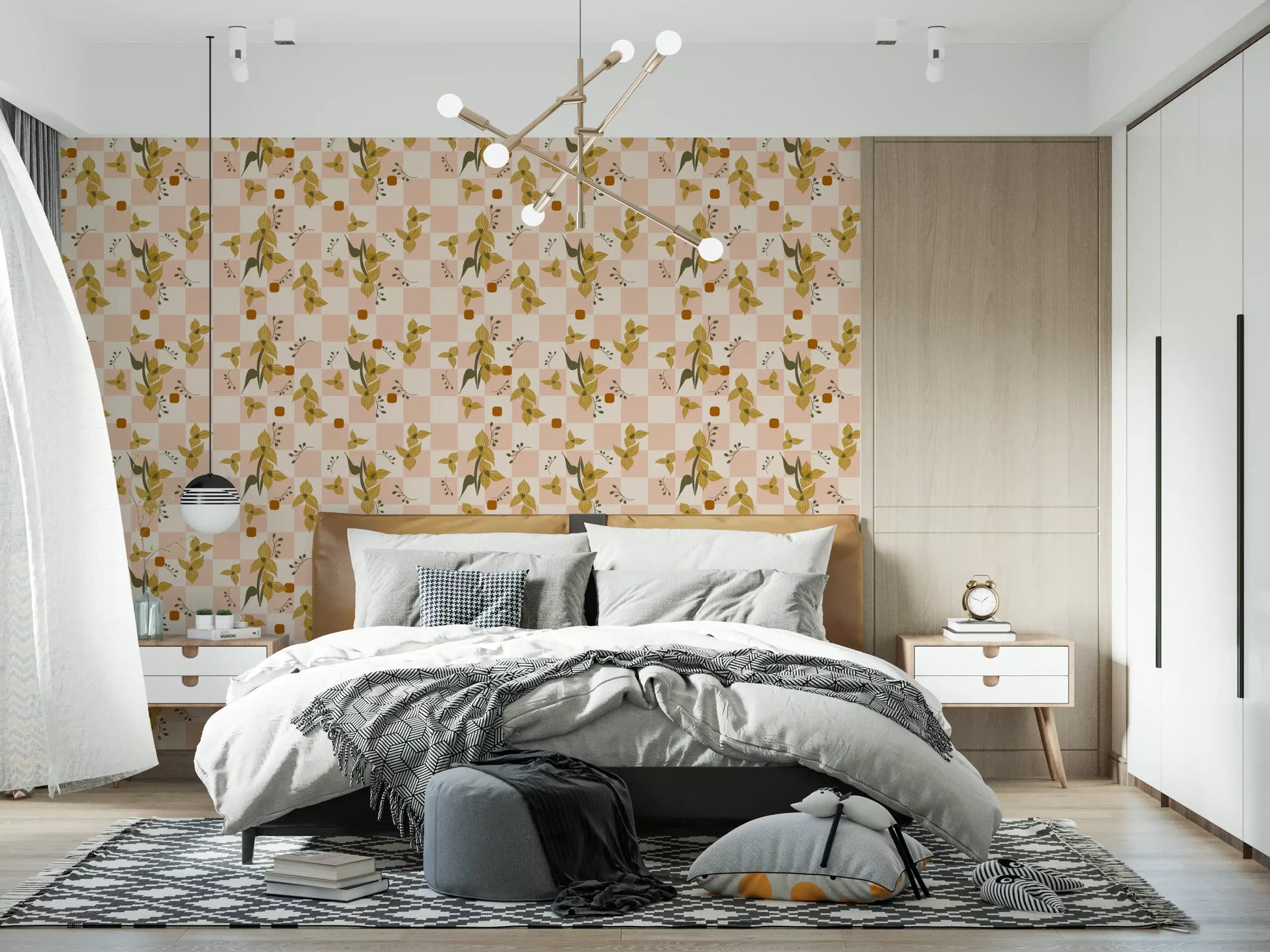 Floral checker wallpaper with blush blocks and mustard petal linework