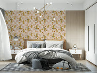 Floral checker wallpaper with blush blocks and mustard petal linework