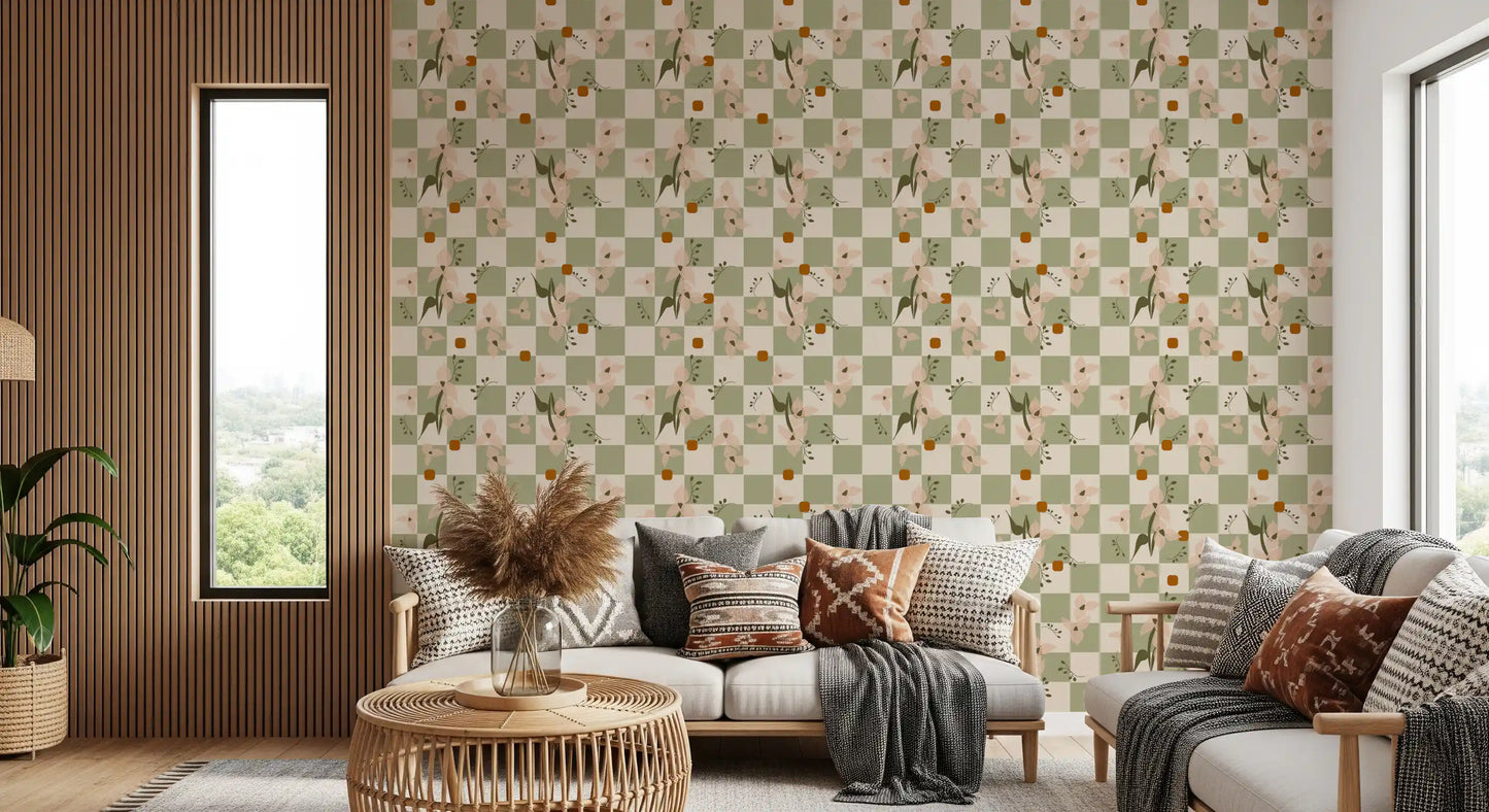 Sage Checker Floral Wallpaper Retro Boho Wallpaper⁠