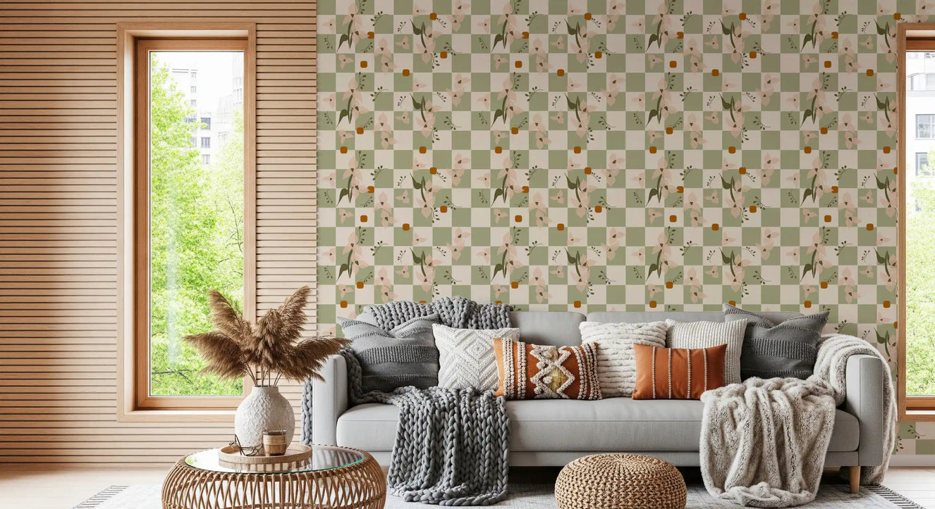 Sage Checker Floral Wallpaper Retro Boho Wallpaper⁠