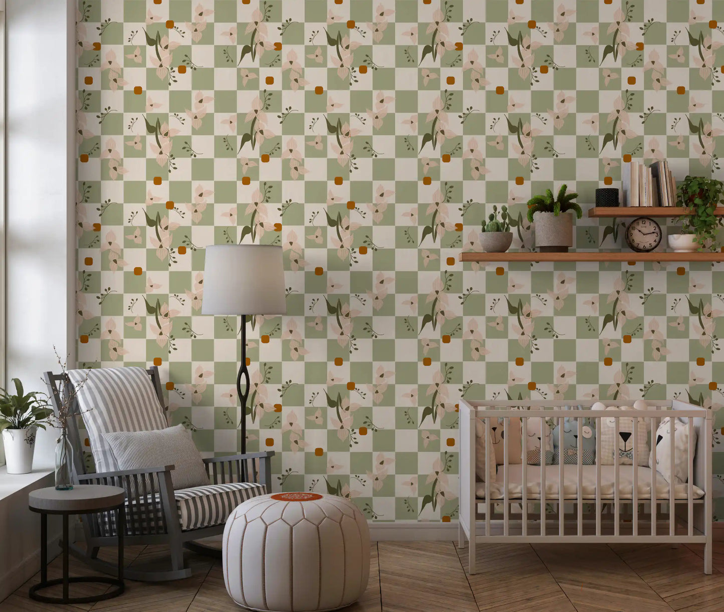 Sage Checker Floral Wallpaper Retro Boho Wallpaper⁠