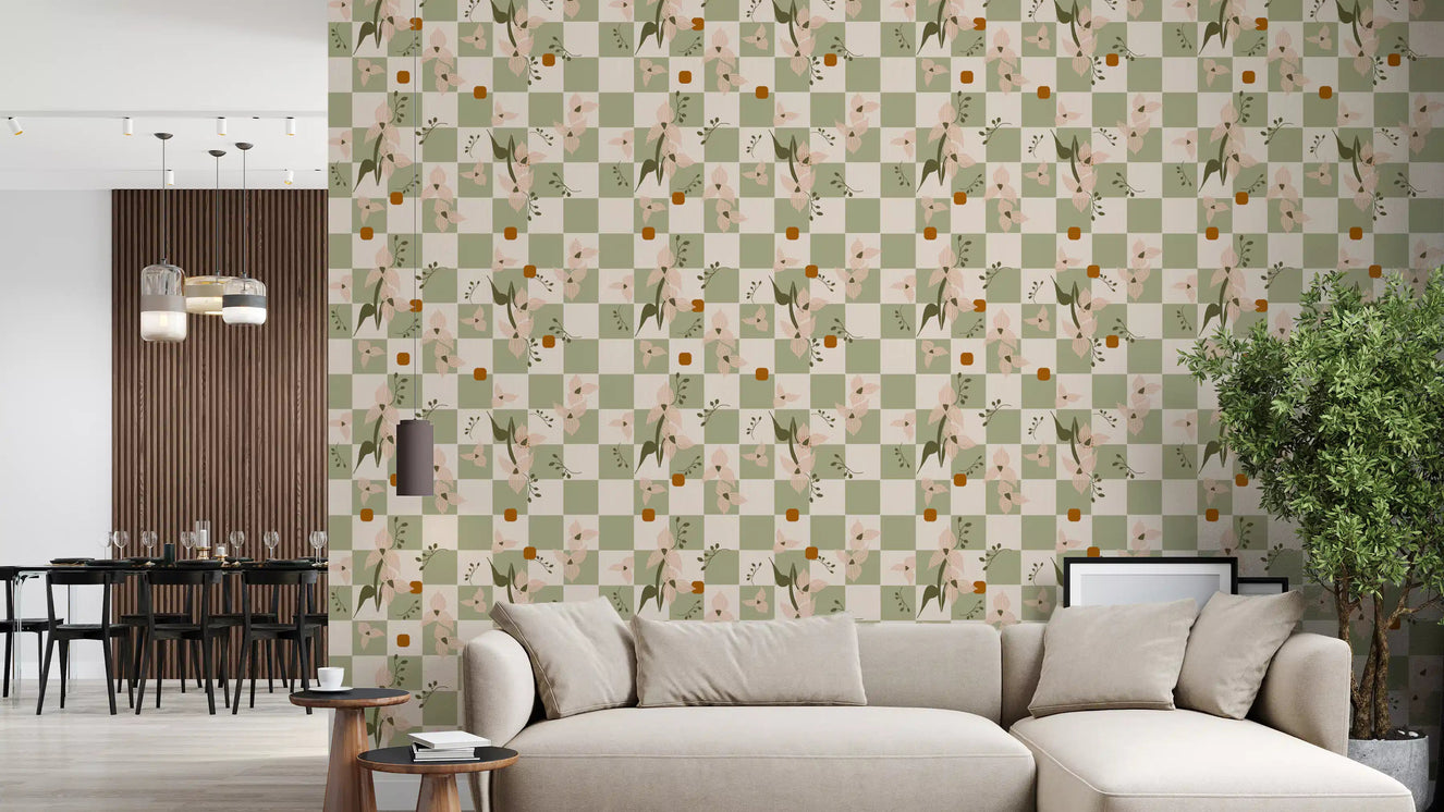 Living room wall featuring Retro Boho Wallpaper and muted checker blooms