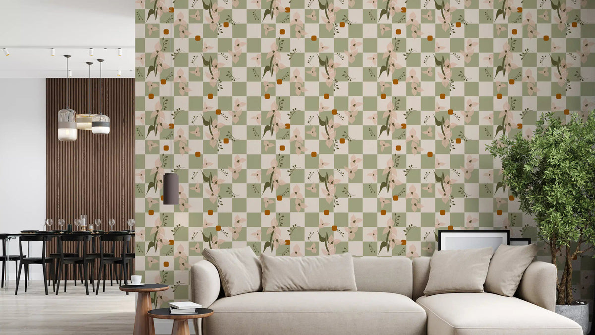 Living room wall featuring Retro Boho Wallpaper and muted checker blooms
