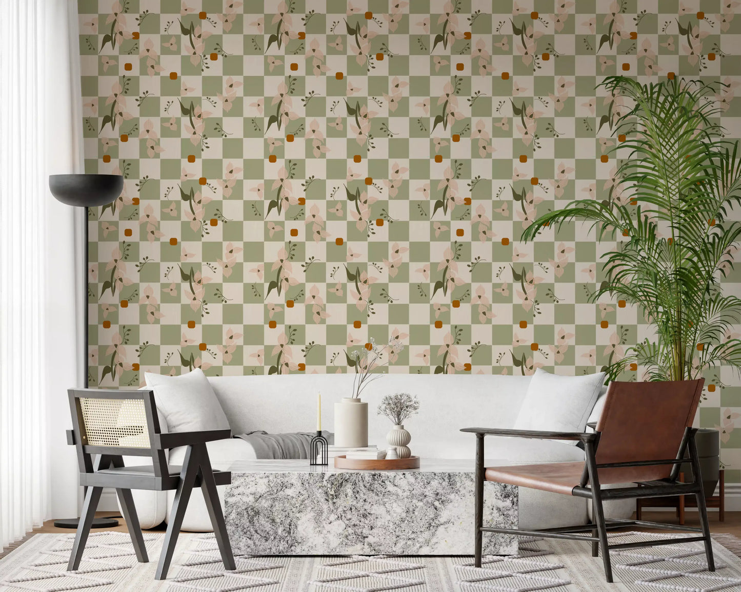 Sage Checker Floral Wallpaper Retro Boho Wallpaper⁠