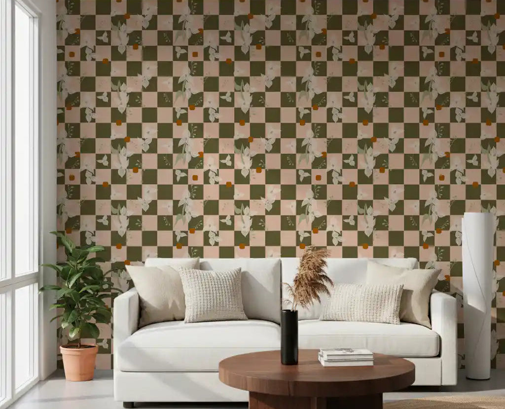 Olive Checker Floral Wallpaper Retro Boho Wallpaper⁠
