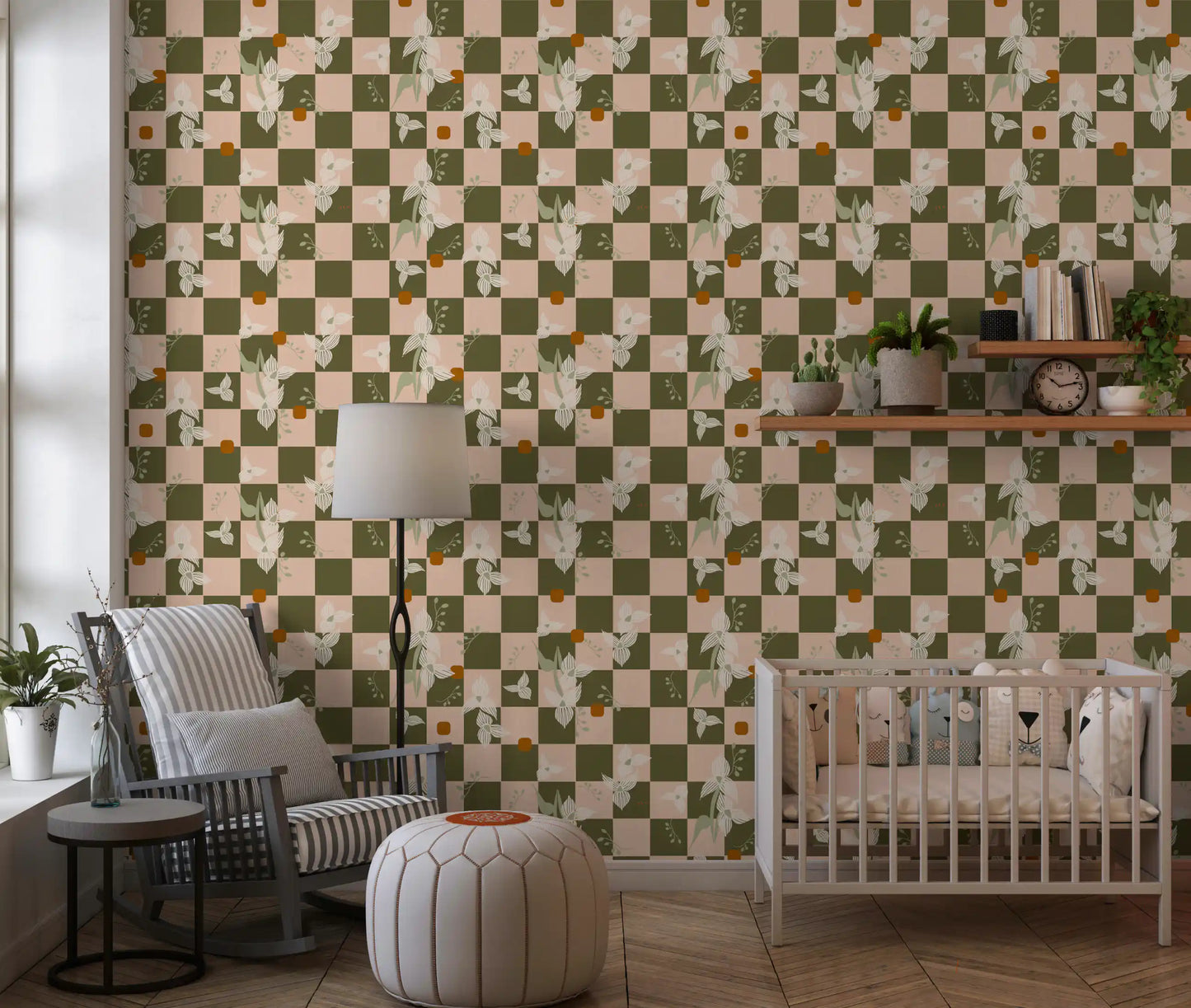 Olive Checker Floral Wallpaper Retro Boho Wallpaper⁠